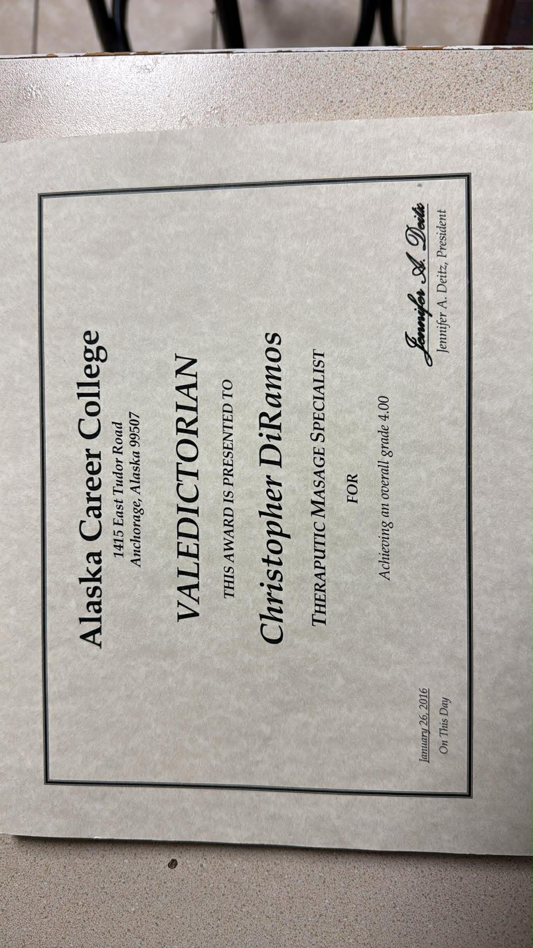 Valedictorian — Alaska Career College, 2016